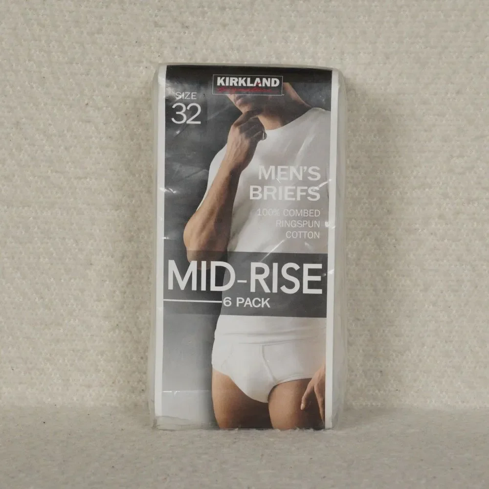 Kirkland Signature Mid-Rise Briefs 6-Pack Mens 32 White Combed Cotton Underwear